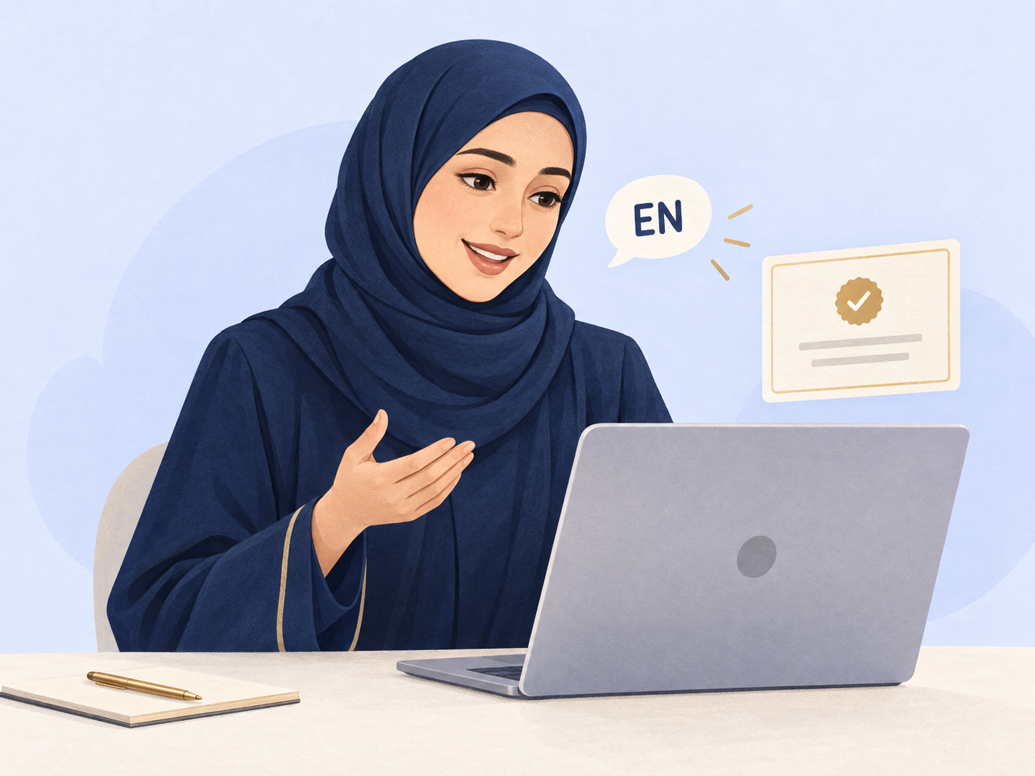 A calm female Al-Azhar graduate teacher speaking English online