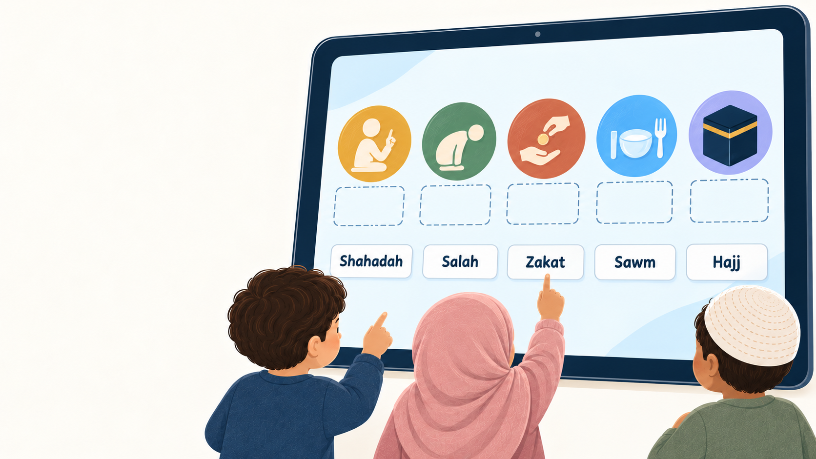 Children completing a Five Pillars matching practice sheet during an Islamic Studies lesson